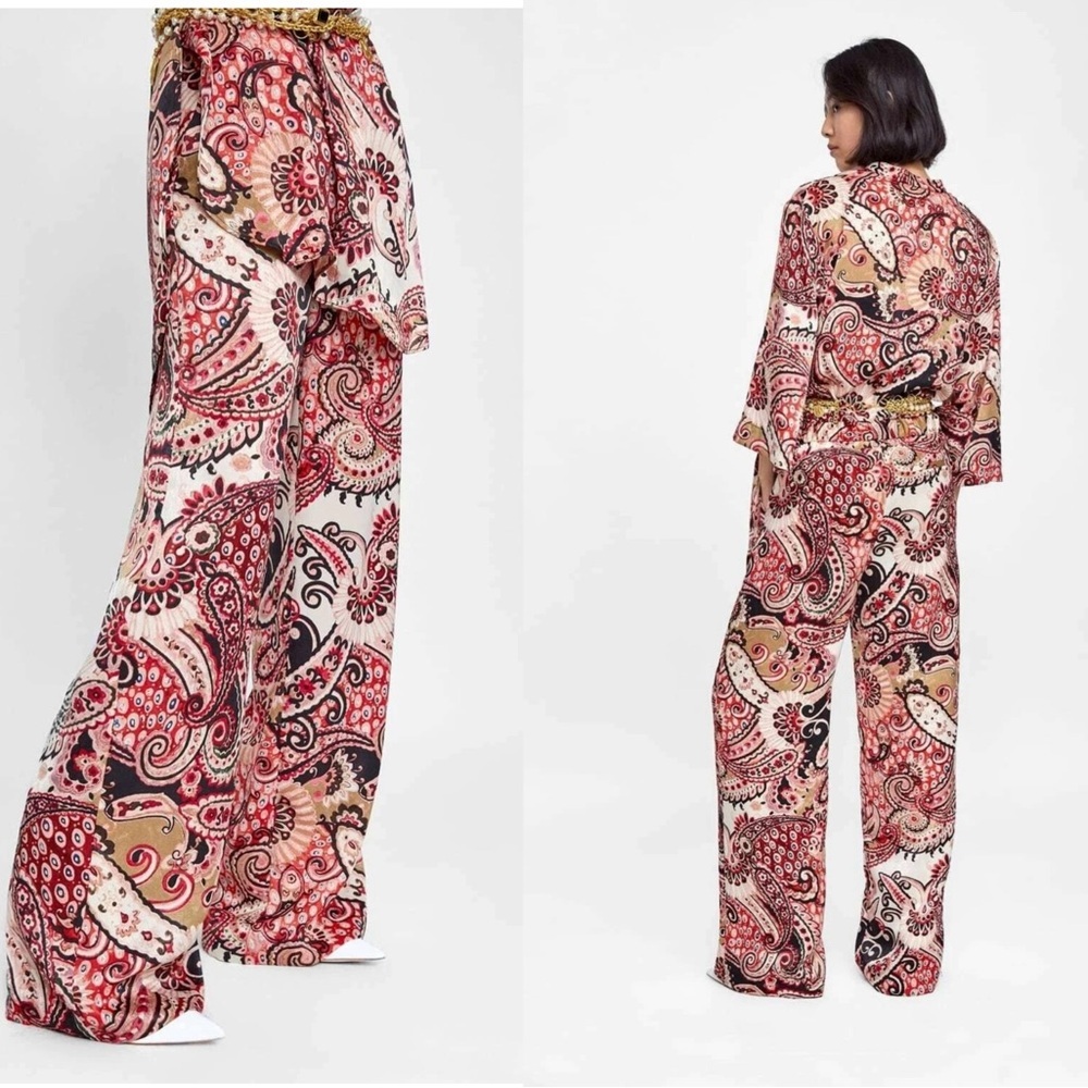 Zara Paisley print trouser dress pants pockets S retro 70’s 80’s hippie velvet